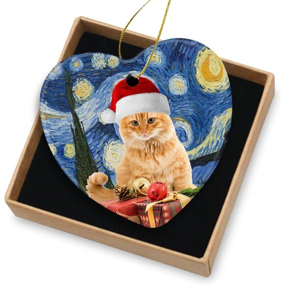 🆕 Cat Christmas Ornament Decorations Ceramic Tree Red Tabby Kitten Xmas Hat - Picture 1 of 4